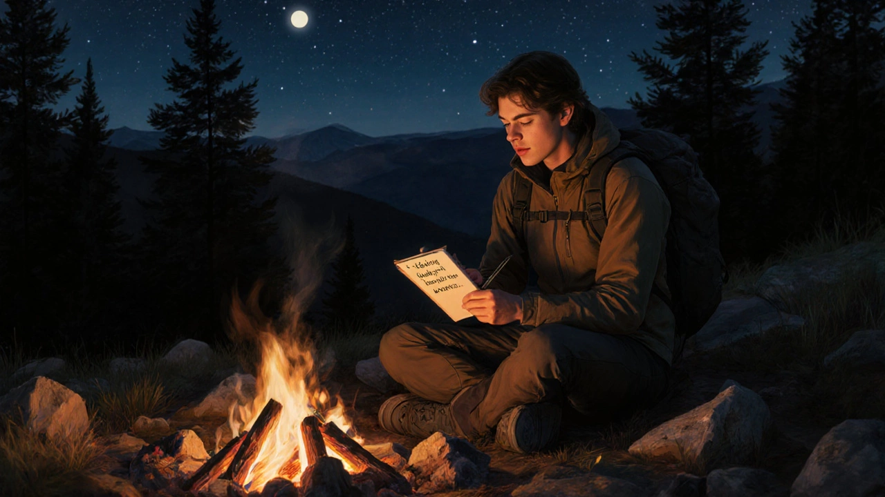 Backlit campsite where a hiker writes a personal mantra in a notebook beside a glowing fire.