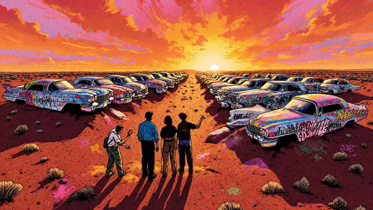 Cadillac Ranch with painted cars and travelers at sunset.