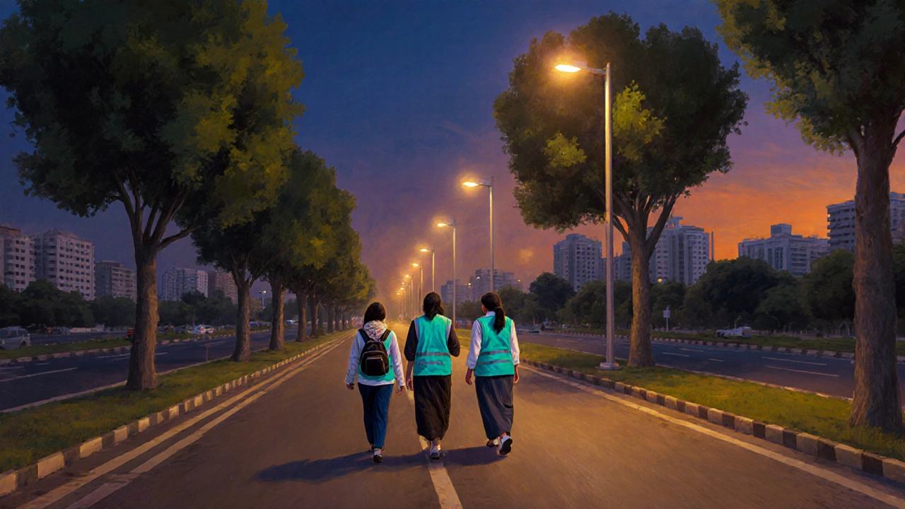 Chandigarh street at dusk with female volunteers escorting a lone woman on a safe walk program.
