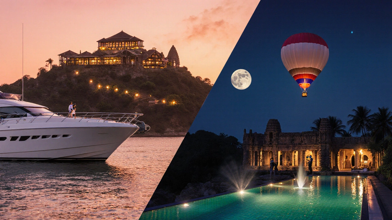 Cinematic luxury scene with yacht, mountain resort, Hampi balloon, and Goa beachfront villa at sunset.