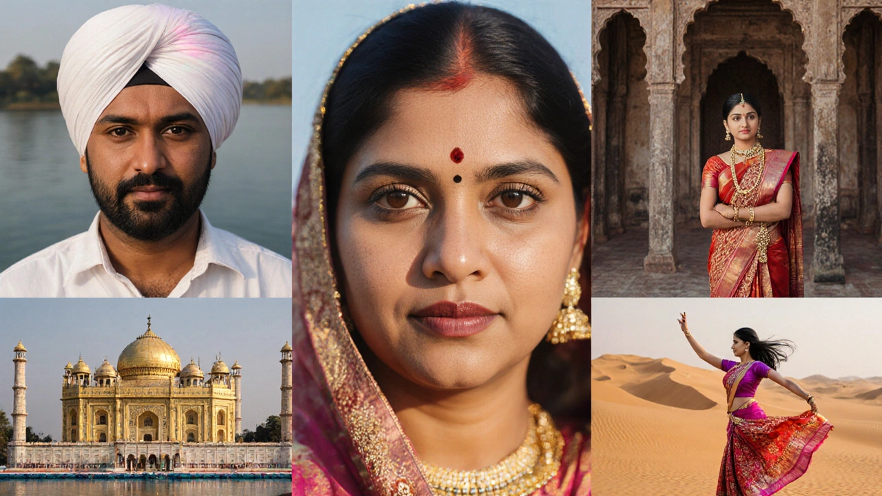 Collage of portraits with Kerala, Punjab, Rajasthan, and Tamil Nadu landmarks highlighting regional beauty.