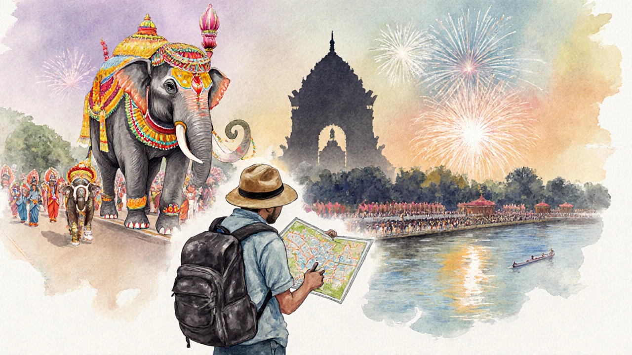 Colorful scene showing travelers amid icons of India&#039;s temple festivals.