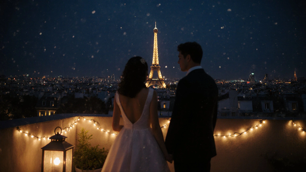 Couple on a Paris rooftop terrace overlooking the illuminated Eiffel Tower.