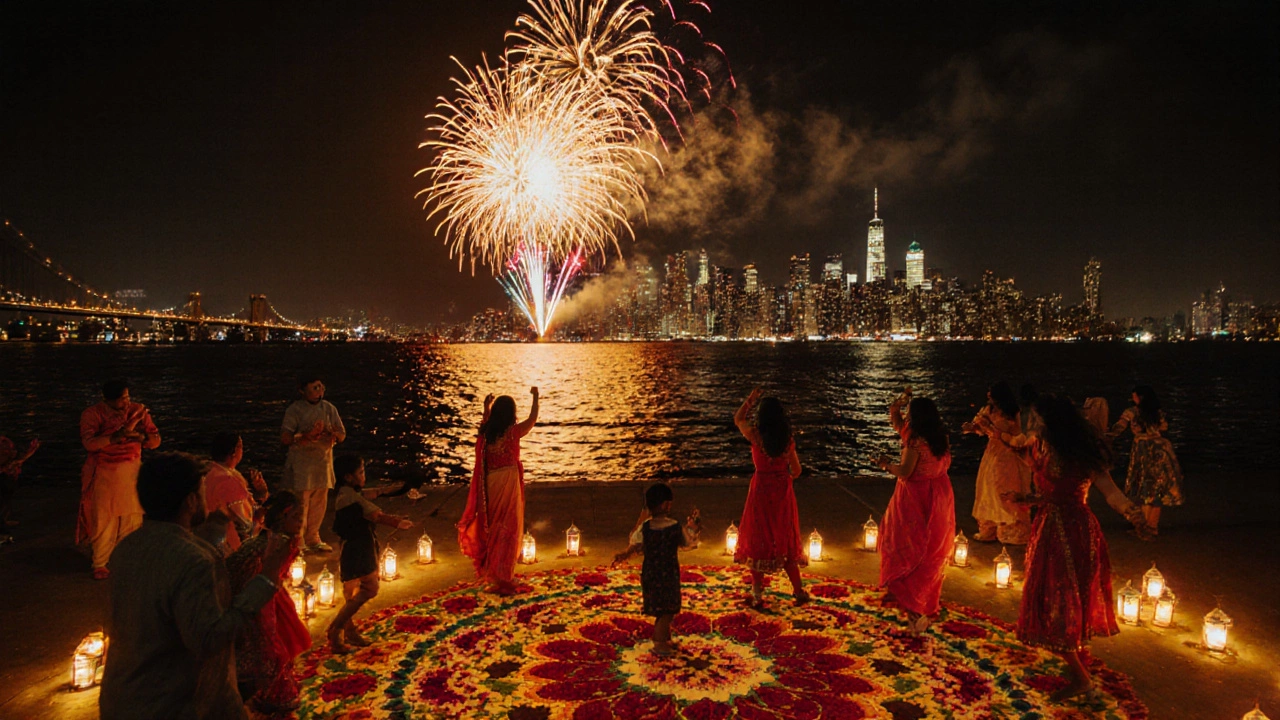 Diwali fireworks over the Hudson River with lantern-lit rangoli and dancers.