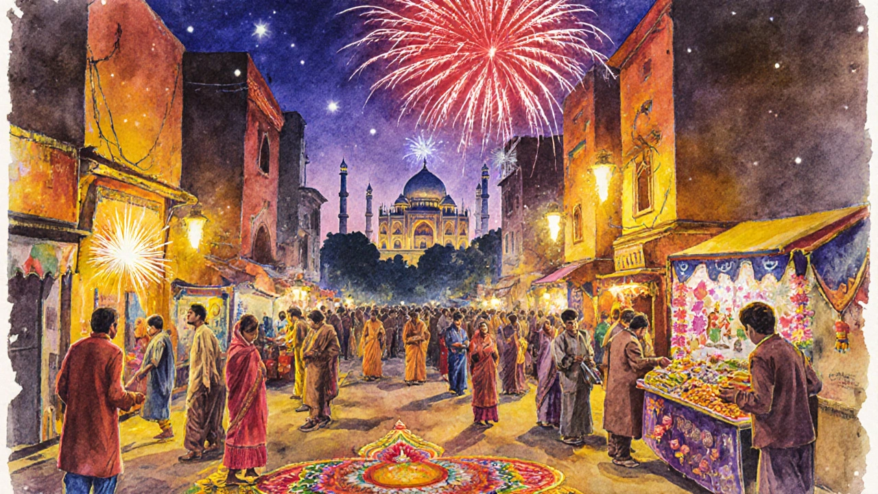 Diwali night in Delhi&#039;s market with lanterns, fireworks, and festive crowds.