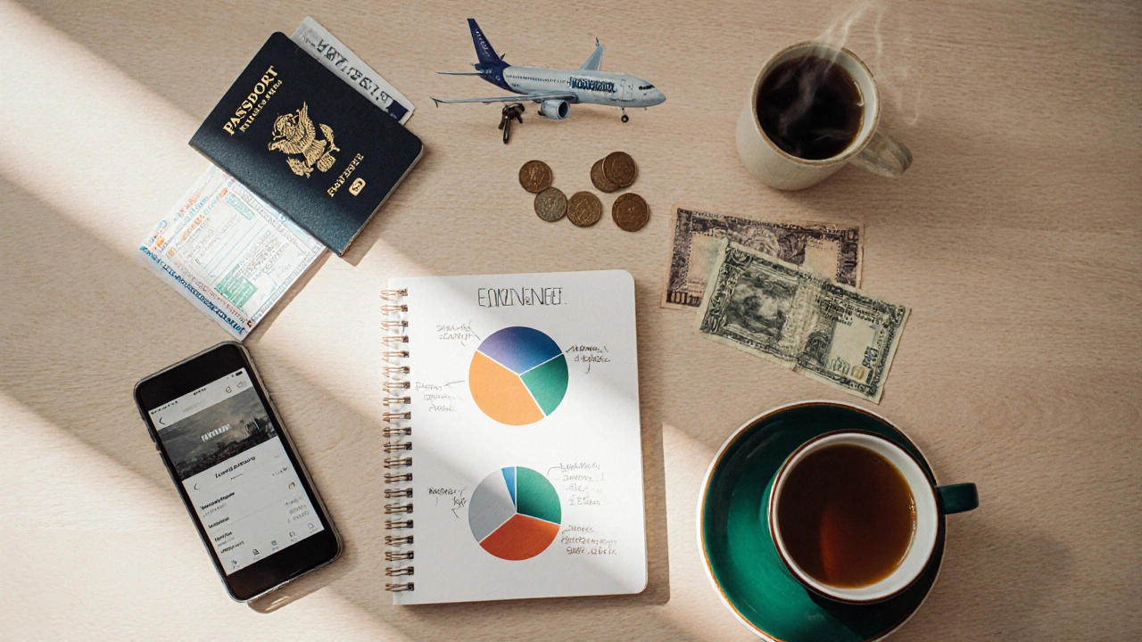 Flat‑lay of travel documents, budgeting notebook, money, and coffee.