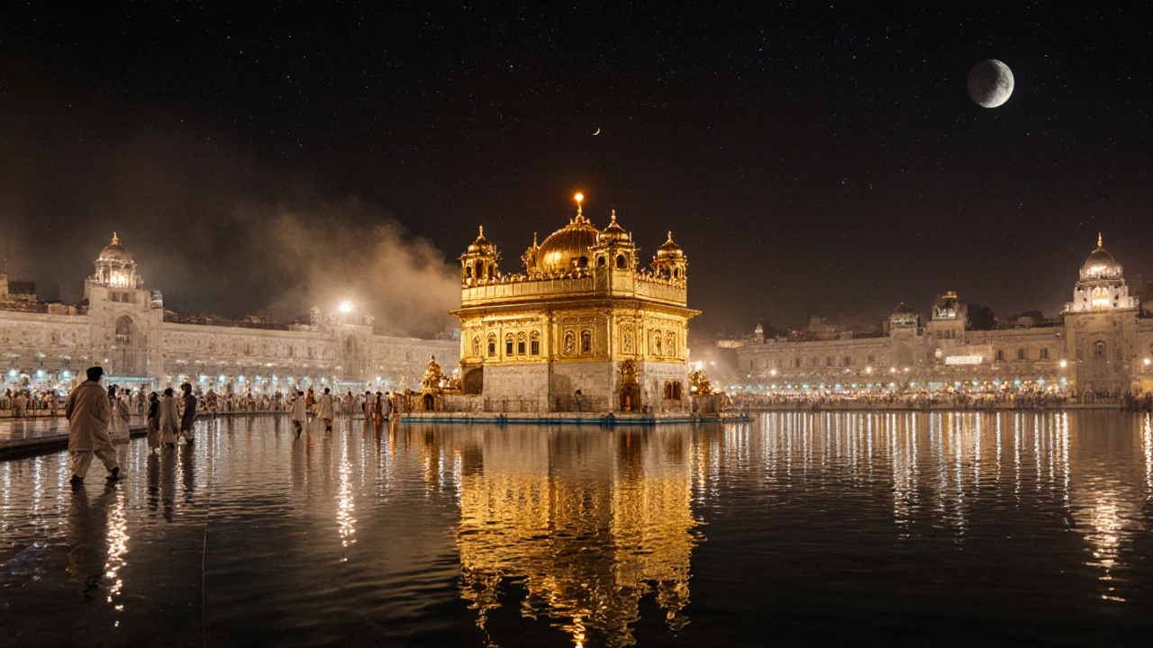 Golden Temple at night reflected in water with devotees and lantern light.