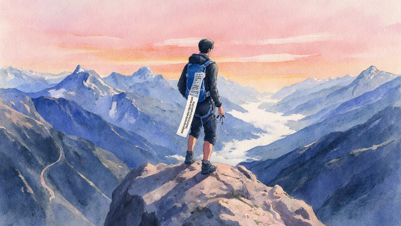 Hiker reaches a ridge, wearing a wristband and checking a laminated note as sunrise lights the peak.