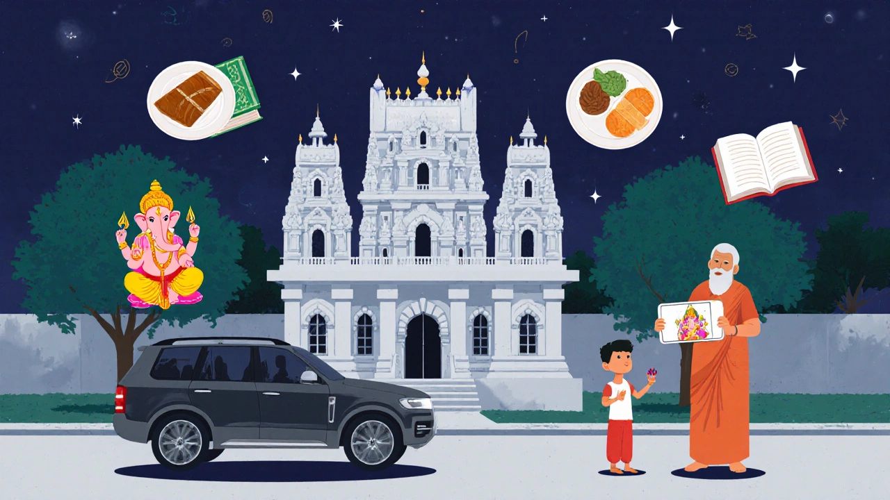 Hindu temple blending Indian architecture with American suburban life, featuring a child using a tablet during prayer.