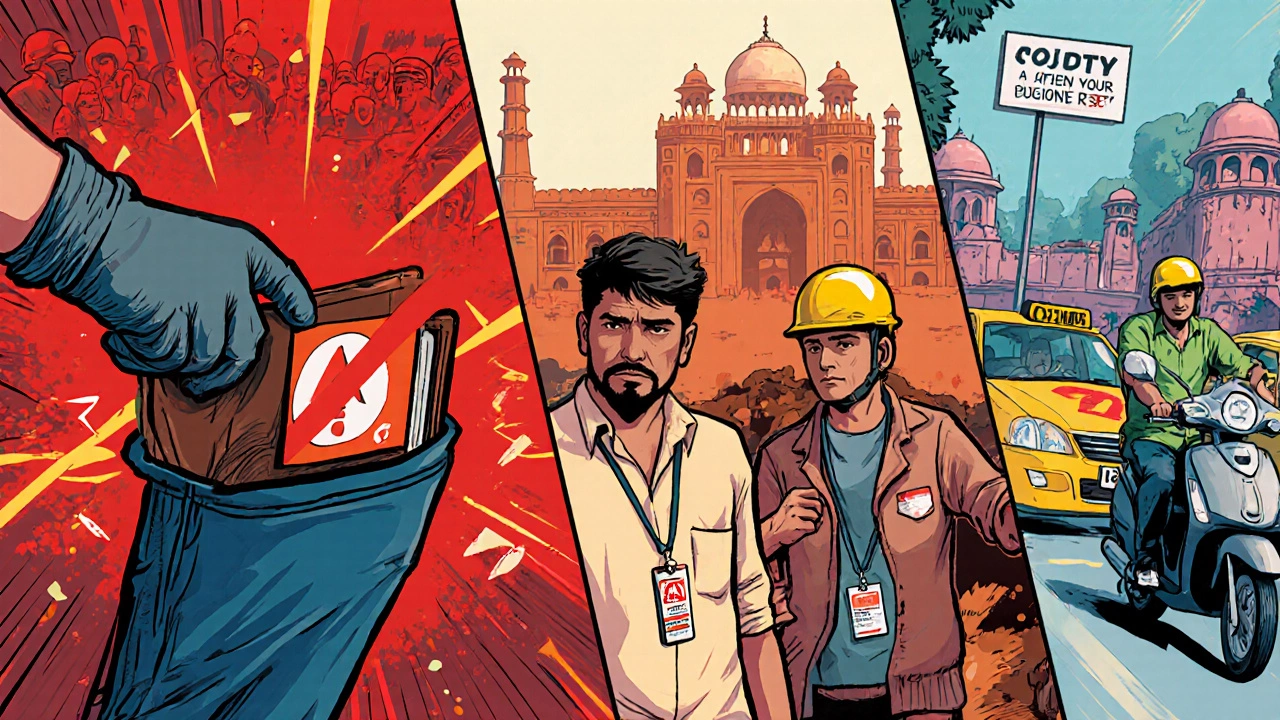Illustrated split scene showing pickpocketing, fake guide, and chaotic traffic in Delhi.