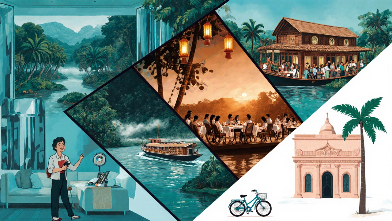 Illustrated travel map showing Bengaluru hotel, Coorg resort, Alleppey houseboat, Chennai museum, and Pondicherry boutique.