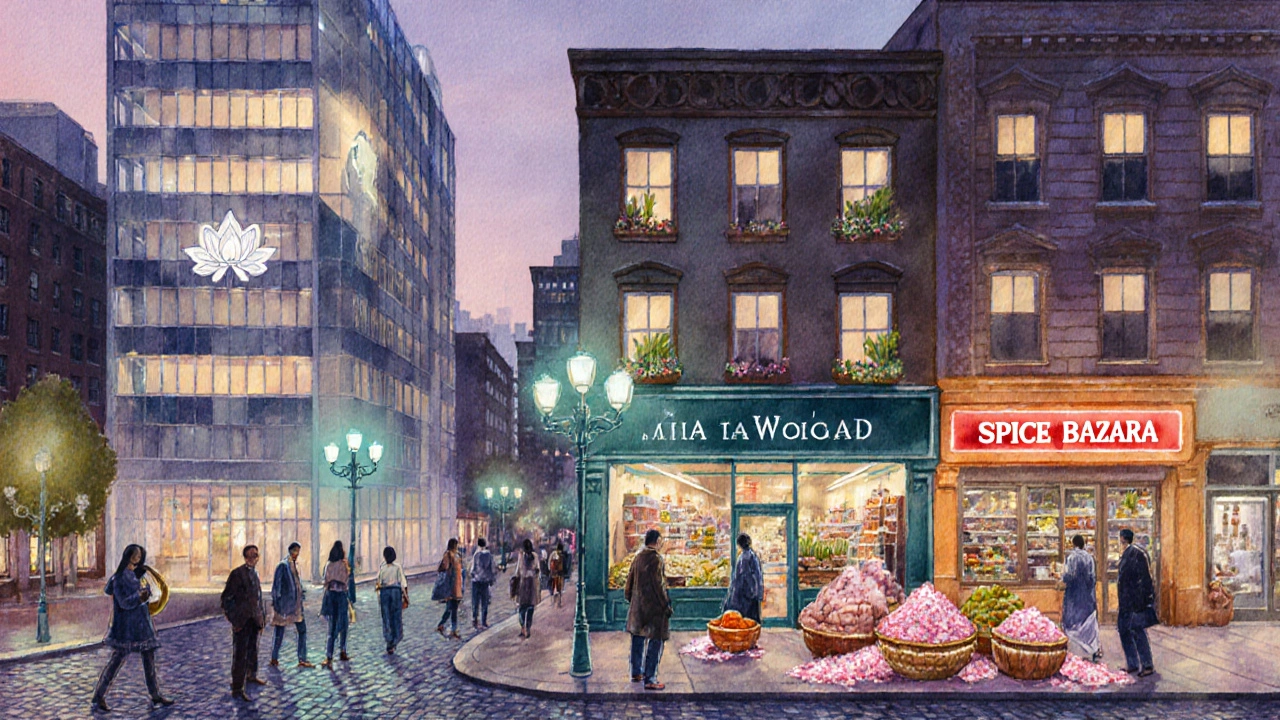 India Square at dusk showing tech office, Ayurveda clinic, and spice market.