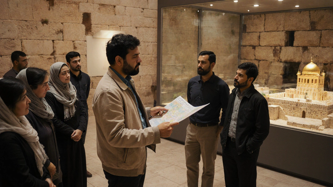 Indian tourists with guide walking near the Western Wall, viewing a museum model of the First Temple.