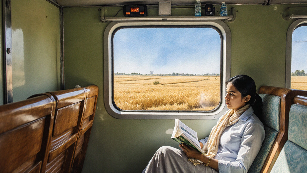 Inside a women-only train carriage looking out at Punjab wheat fields, a relaxed female traveler reads.