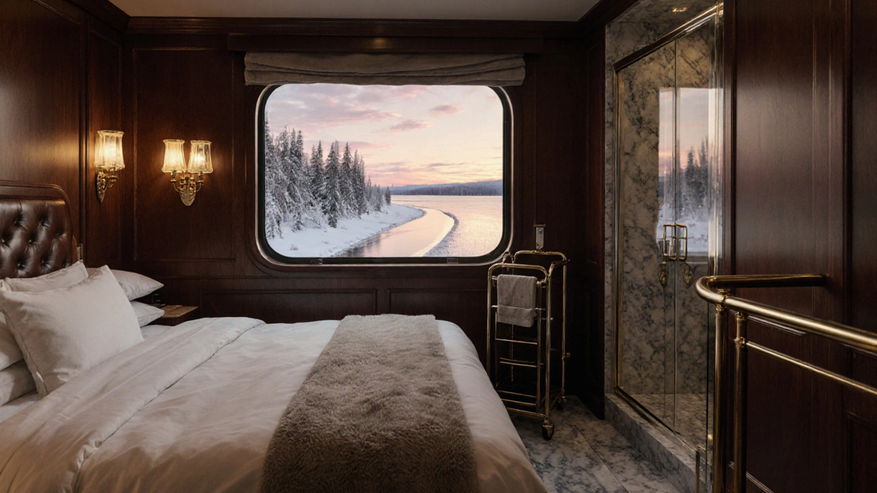 Luxury Trans‑Siberian cabin interior with snowy landscape view.