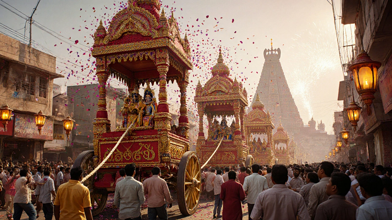 Massive decorated chariots rolling through Puri streets during Rath Yatra.