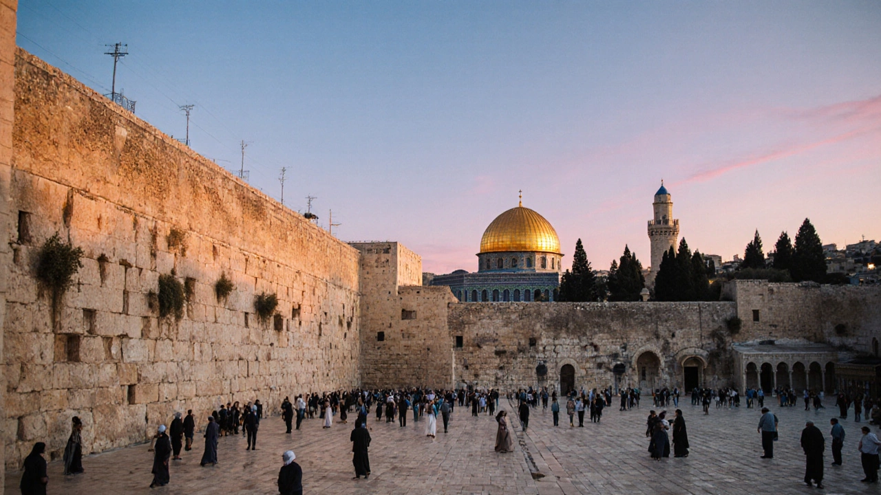Modern Temple Mount showing Western Wall, Dome of the Rock and Al‑Aqsa Mosque at dusk.