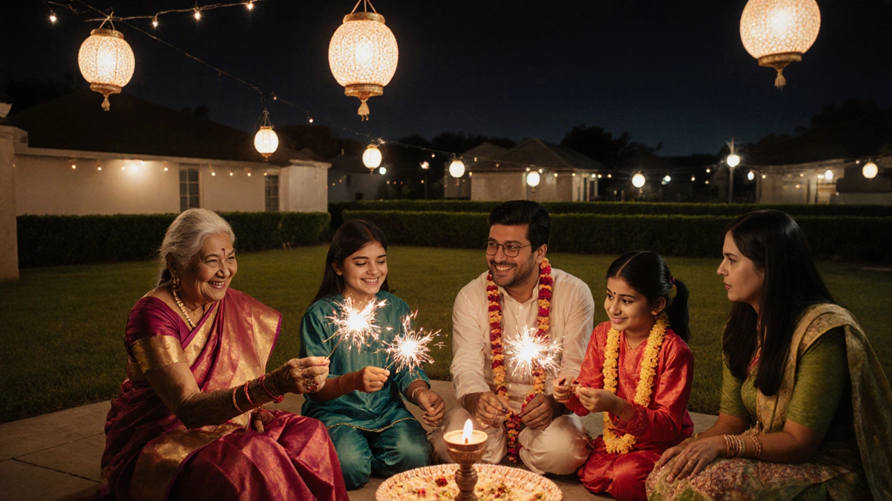 Multi-generational Hindu family celebrating Diwali in a temple courtyard with lamps and sparklers.