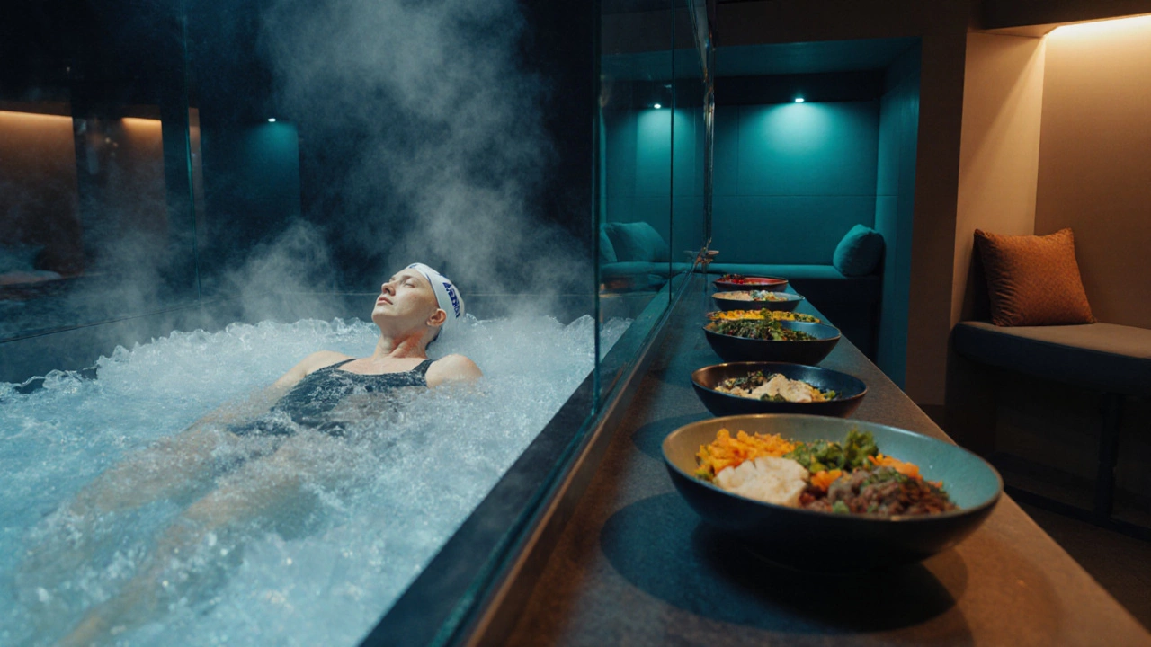 Older swimmer in a sleek recovery lounge using ice bath, nutrition bar, and meditation area.