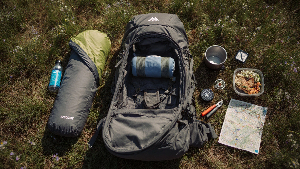 Open backpack on a meadow showing all essential two‑night gear laid out.
