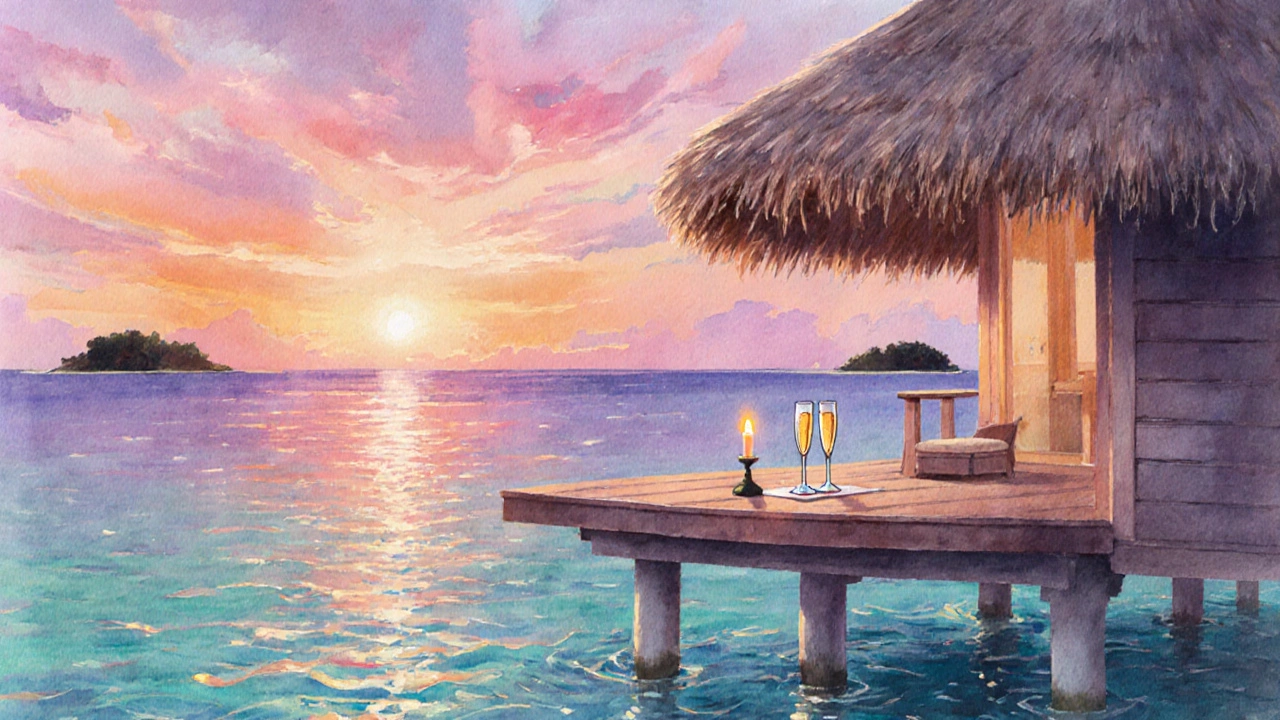 Over‑water bungalow in Maldives at sunset with candlelit deck.