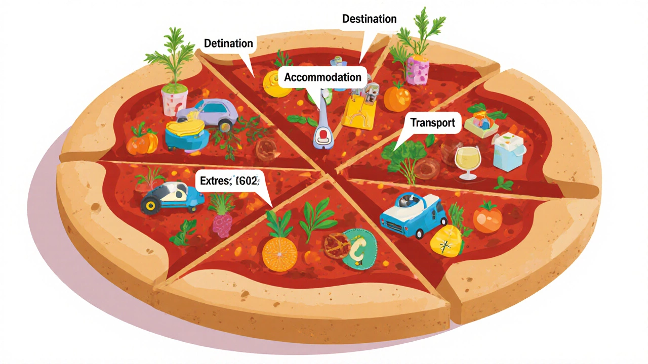 Pizza divided into sections representing core travel costs and extras.