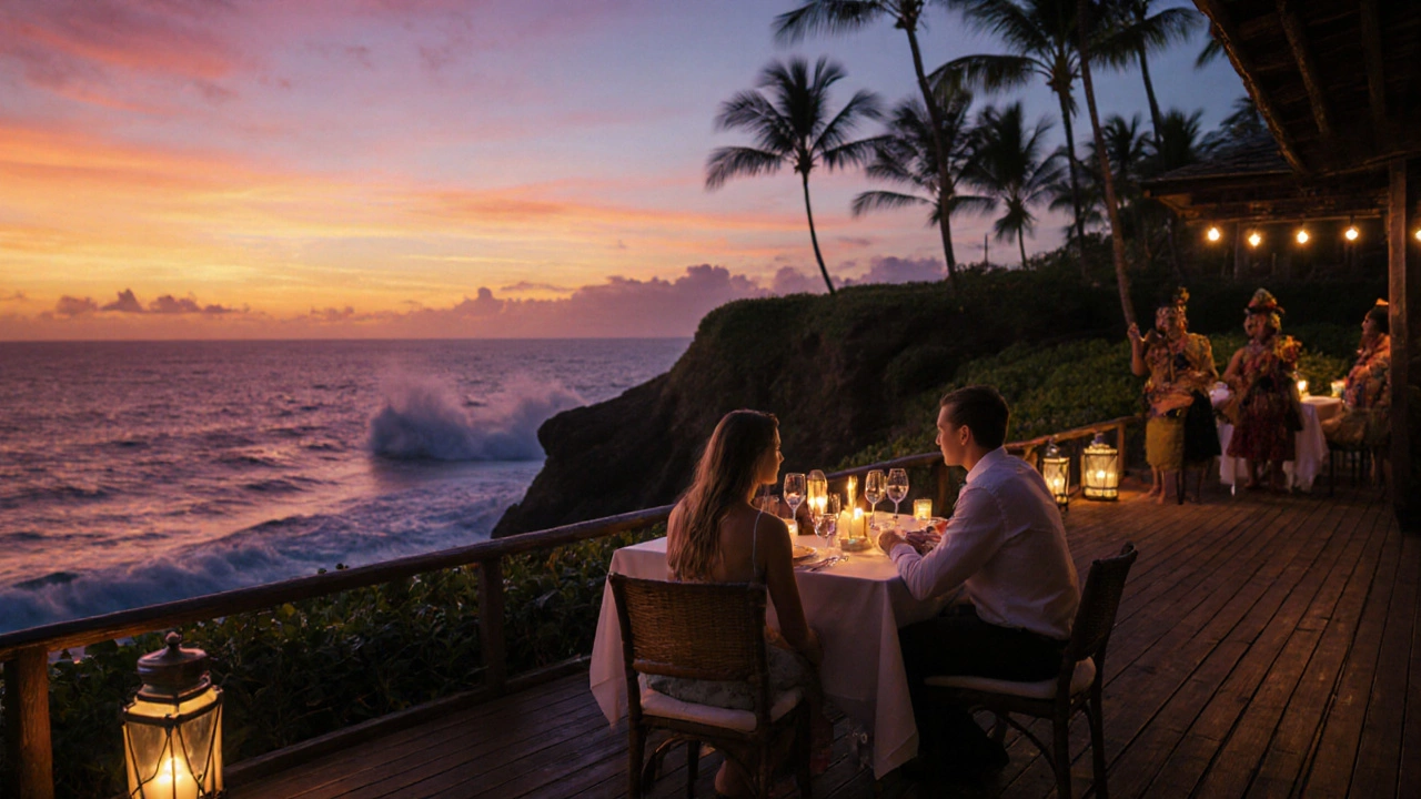 Romantic dinner on Kaanapali Beach cliffs at sunset with candles.