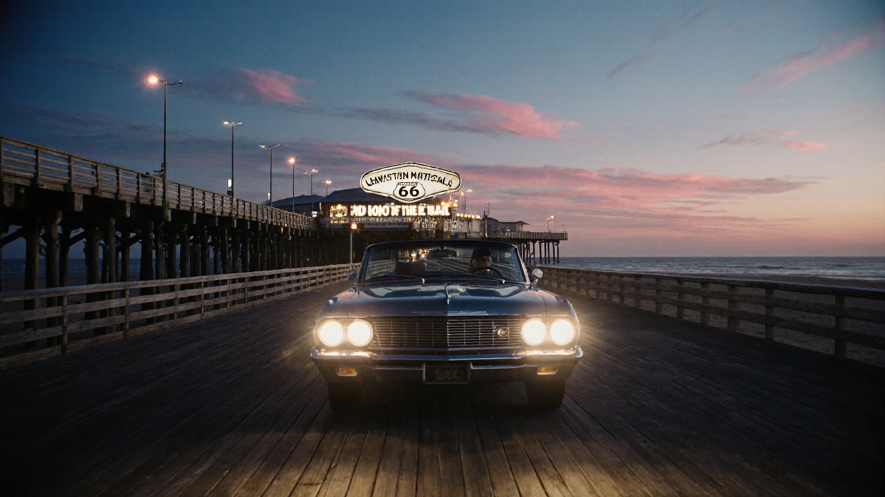 Santa Monica Pier at twilight with a classic car arriving.
