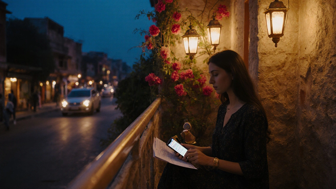 Solo female traveler on a hotel balcony in Jaipur at night, holding a personal alarm and phone.