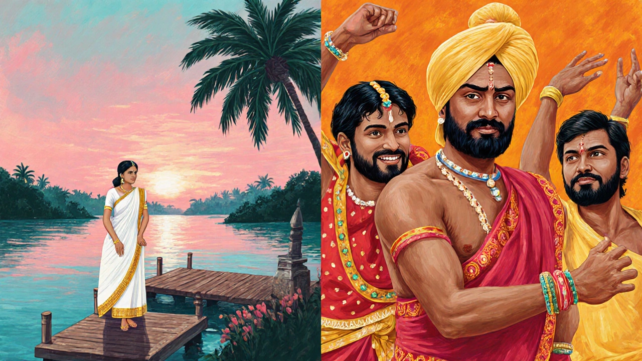 Split illustration of Kerala backwaters and Punjab Baisakhi festival showing cultural beauty influences.