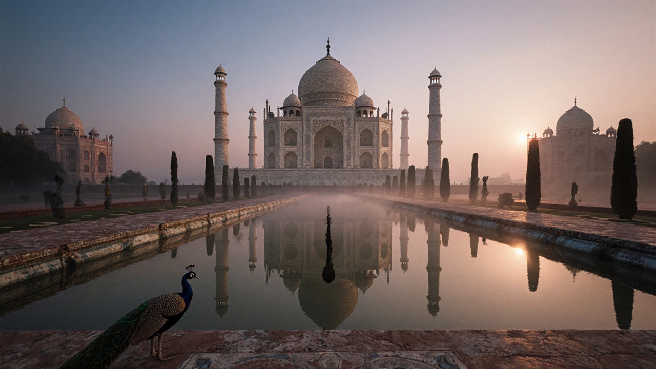 Sunrise over Taj Mahal with reflective pool and misty sky.