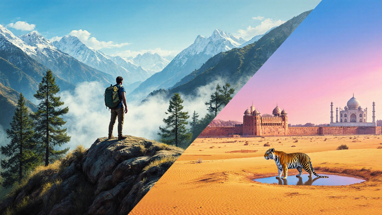 Traveler on a mountain ridge overlooking valley, desert, and wildlife scenes in one frame.