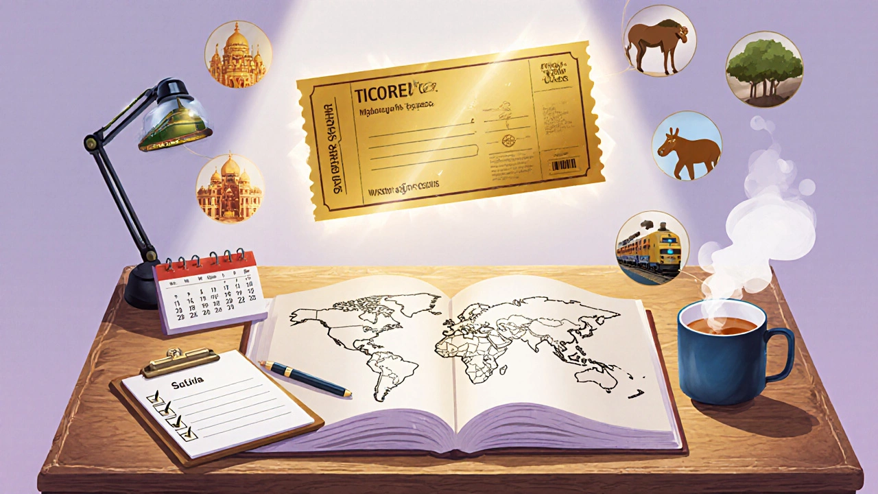 Traveler planning a luxury train trip with ticket, map, and checklist.