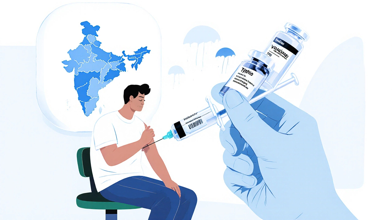 Traveler receiving vaccinations with a background map of India highlighting risk areas.