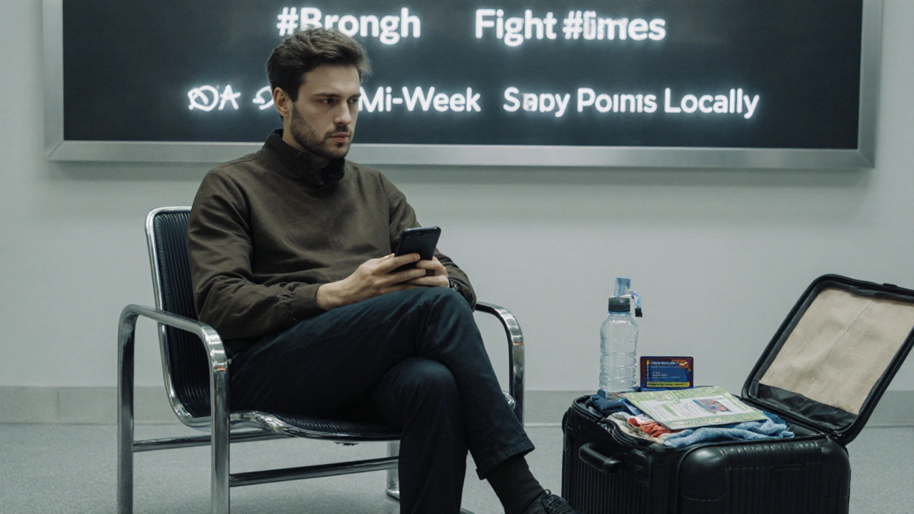 Traveler using a budgeting app while packing in an airport lounge.