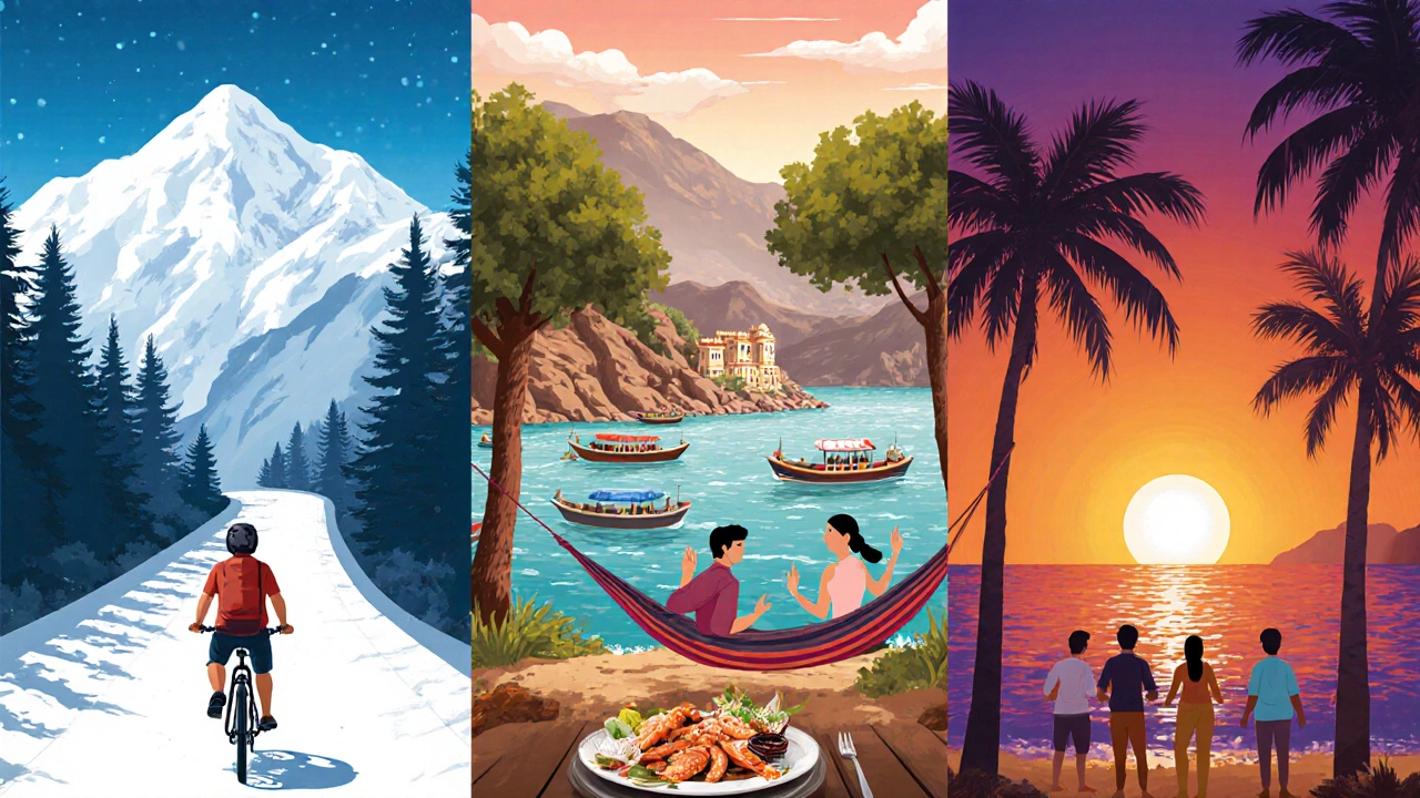 Triptych showing Manali hills, Rishikesh riverside yoga, and Goa beach sunset.
