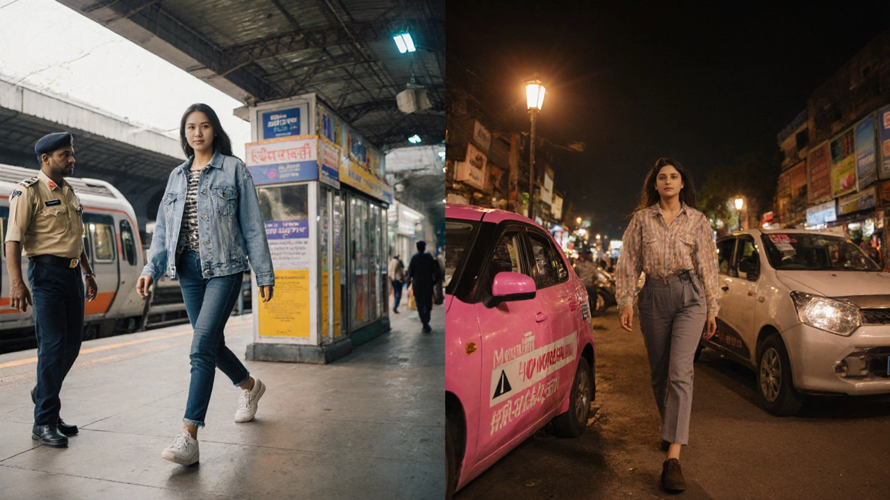 Two street scenes: a confident female traveler in Bangalore metro with police kiosk, and a cautious female traveler in Delhi night market near a pink‑capped cab.