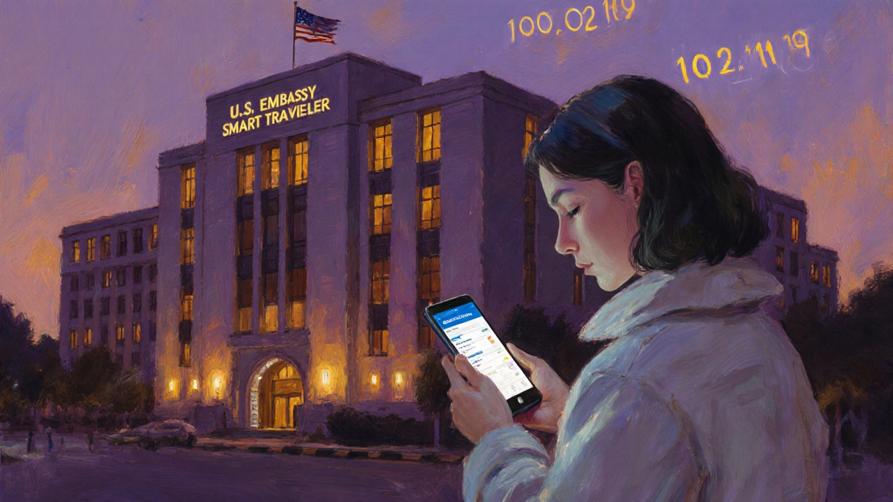 U.S. Embassy in New Delhi at night with a traveler checking her phone for emergency help.