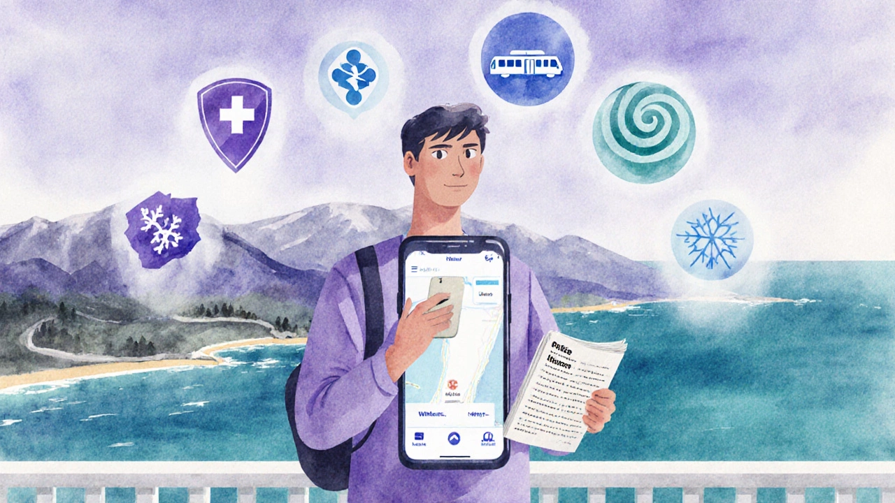Watercolor collage of a traveler with a phone, surrounded by icons for hospital, police, metro, cyclone and snow over north and south India.