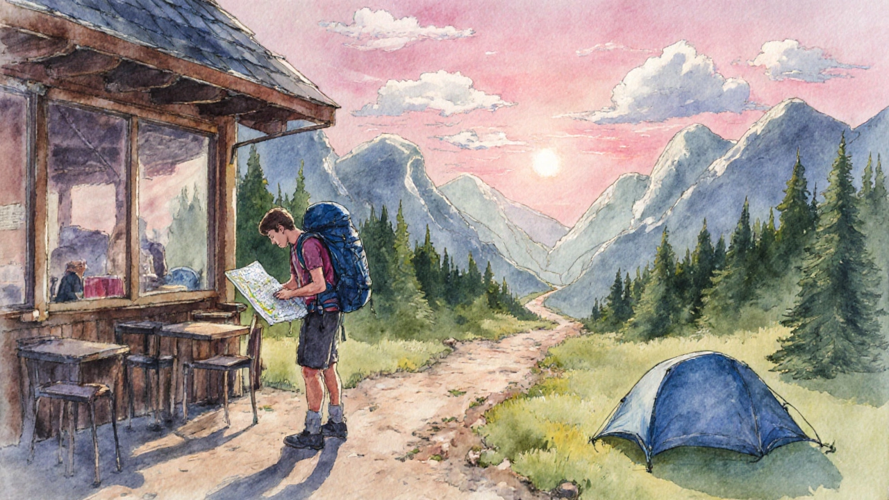 Watercolor scene of a hiker switching from a daypack to a larger backpack at sunrise.