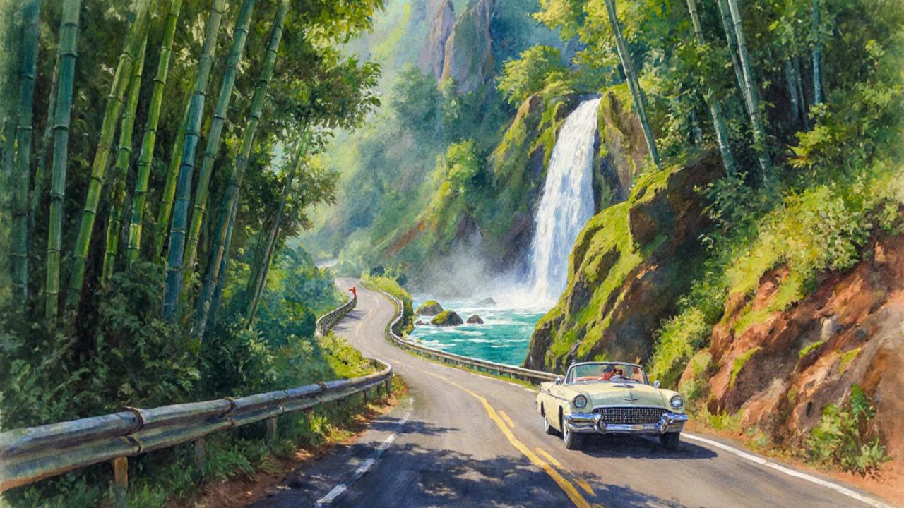 Winding Road to Hana surrounded by waterfalls, bamboo forest, and a car.