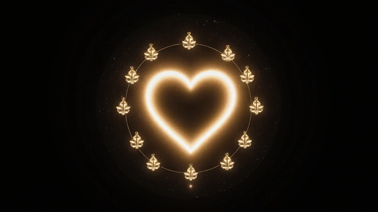 A glowing golden heart surrounded by twelve sacred lingams, with one faint light outside the circle.