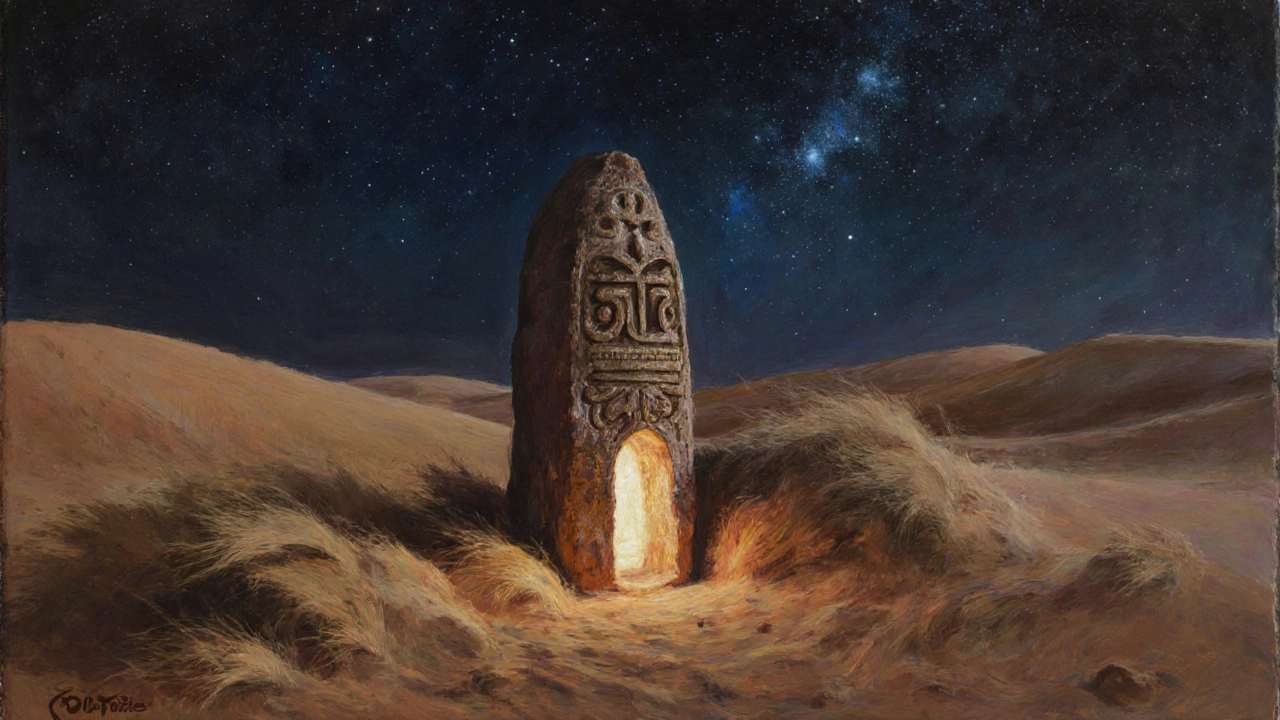 A half-buried stone lingam in desert sand under a starry night, emitting a soft ethereal glow.