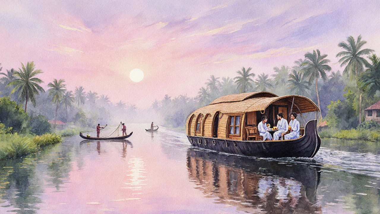A serene Ayurvedic houseboat floating through Kerala&#039;s misty backwaters at dawn, with guests drinking tea on deck.
