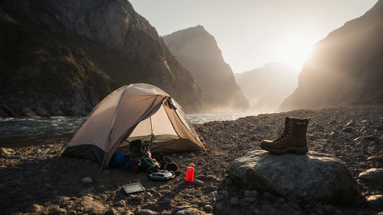 Abandoned campsite beside a river with scattered gear and a red whistle left behind.