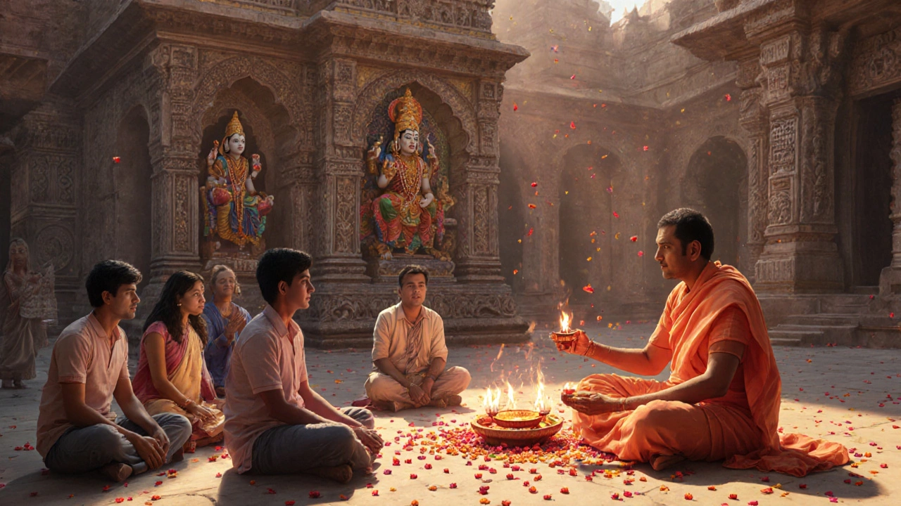 Foreign visitors observing a traditional temple aarti ceremony at Meenakshi Temple in Tamil Nadu, surrounded by ornate stone carvings.