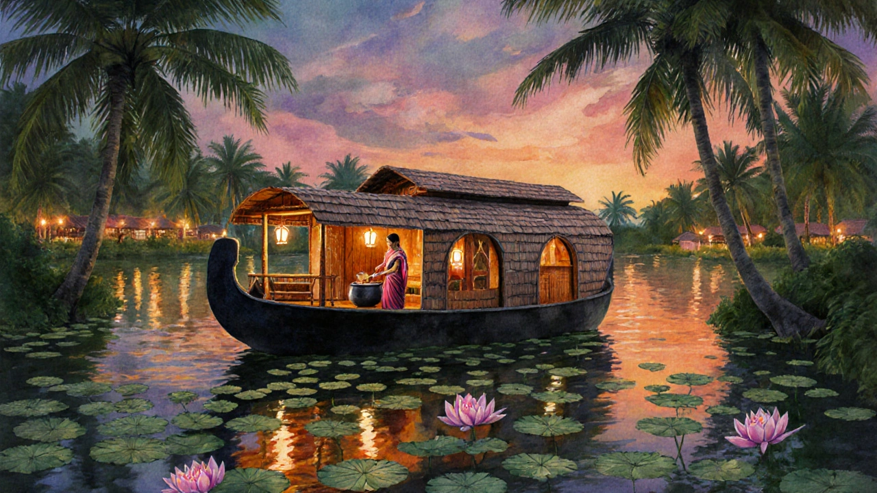Houseboat gliding through Kerala backwaters at dusk with lanterns glowing.