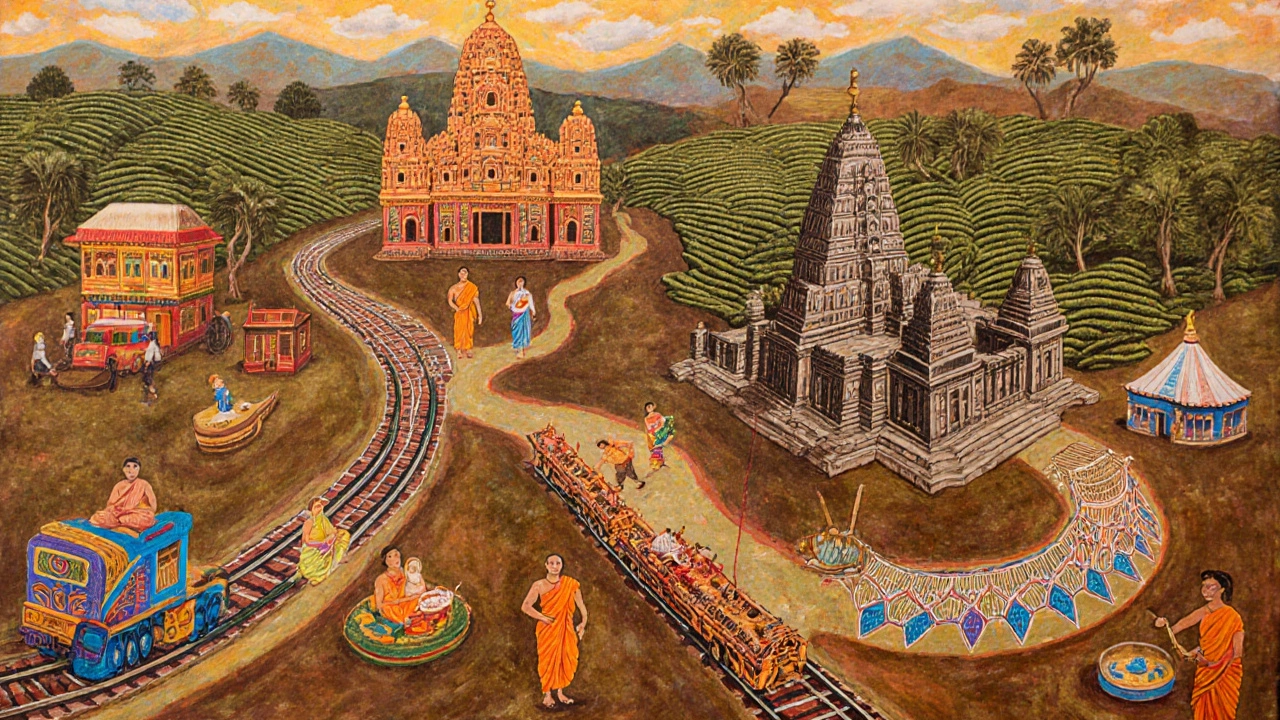 Miniature-style map of South India journey showing temples, plantations, and ruins.