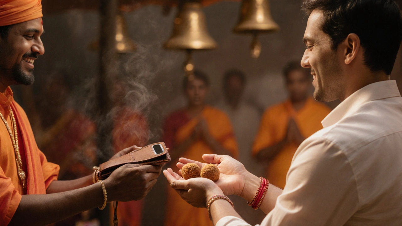 Person accepting blessed food with both hands, warm light, no photography or leather visible.