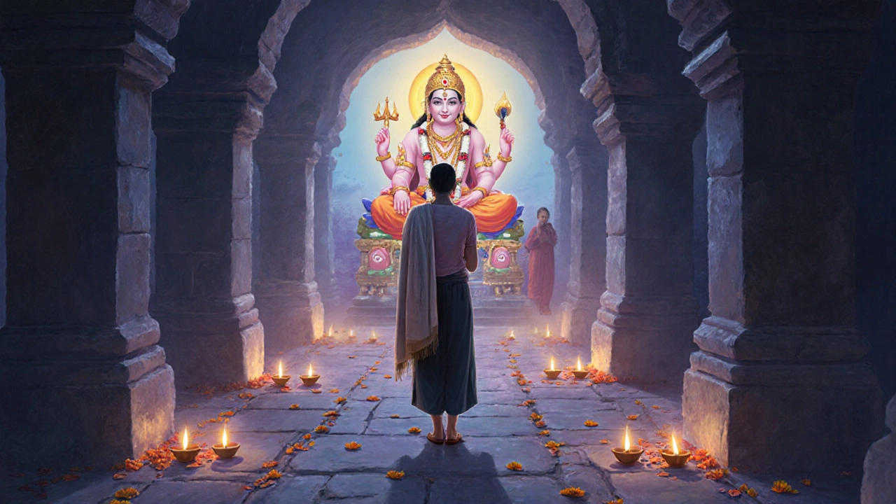 Tourist walking clockwise around temple shrine, keeping deity on right, in modest attire.